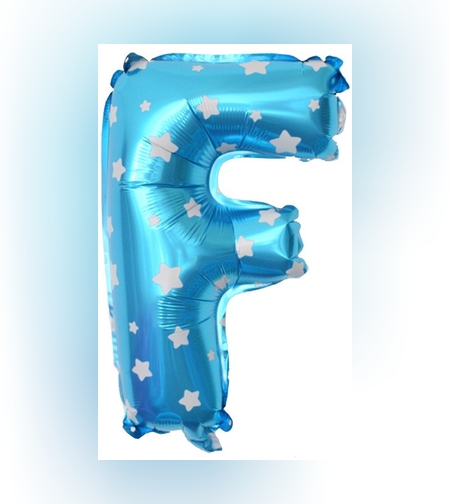 Balon Folie Metalizata Litera F, Flippy, 40 cm, Cu Imprimeu Stelute, Umflati cu Heliu sau Aer, Ambalaj Individual, Pai inclus, Albastru