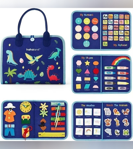 Carte Senzoriala Educativa Montessori, Flippy, Dezvoltare Abilitati Motorii, 5 Pagini, Model Dinozauri, 28x22x7 cm, Albastru