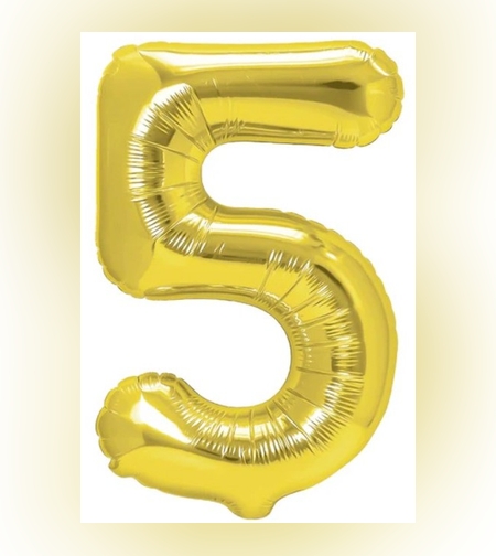 Balon din Folie Metalizata Flippy, Figurina Cifra, Tema Aniversare 40 cm, Ambalaj Individual, Pai inclus, Umflare cu Aer sau Heliu, Auriu, Cifra 5