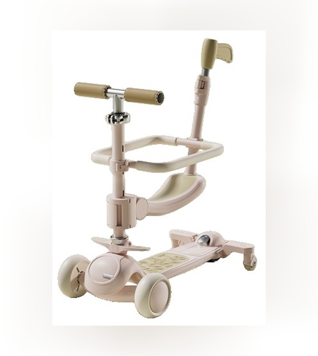 Trotineta Tip Carucior pentru Copii 7in1, Flippy, Pliabila, Ghidon Reglabil, Parti Detasabile, Lumini LED, Muzica, Suport pentru picioare, Roz