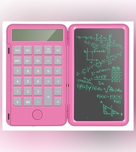 Calculator de Mana Reincarcabil cu Tabla de Scris, Flippy, Calculator Portabil, Ecran LCD, Afisaj cu 12 Cifre, Ecran de 15 cm, Culoare Roz