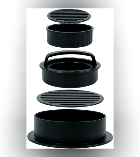 Presa dubla pentru hamburgeri 2 in 1, forma si presa, doua dimensiuni, cu maner, usor de curatat si folosit, material ABS, 100 de foi hartie de copt incluse, 13x13.5x7 cm, fara lipire, neagra