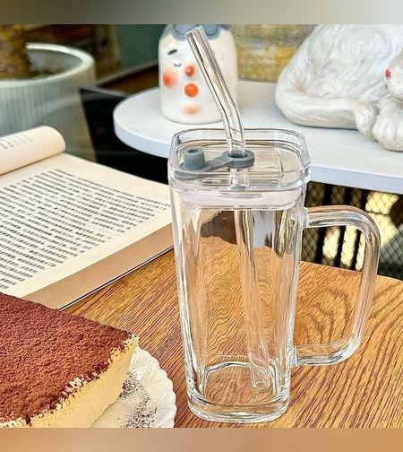 Pahar pentru Racoritoare, Flippy, din Sticla, 330 ml, cu Pai si Maner, Model Clear, Transparent