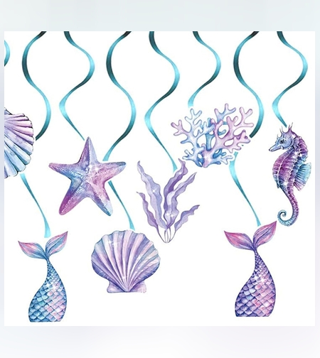 Set 8 Decoratiuni pentru Petrecere Sirena, Flippy, Colectia Mermaid, Panglici Incluse, Multicolor