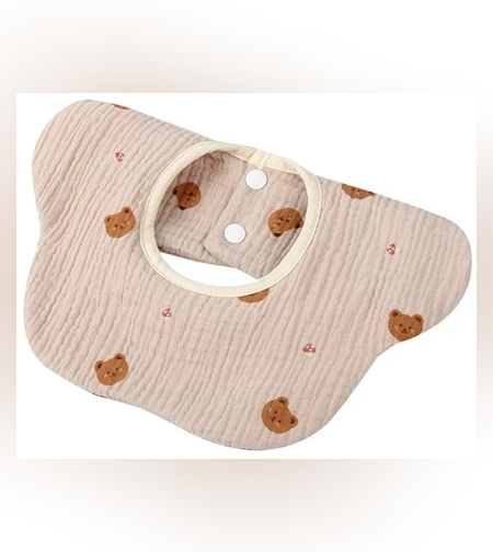 Baveta Tip Floare, Flippy, din Bumbac, pentru Copii 0-12 Luni, Rezistenta la apa, cu Capse, Model cu Ursuleti, 26 x 29 cm, Crem