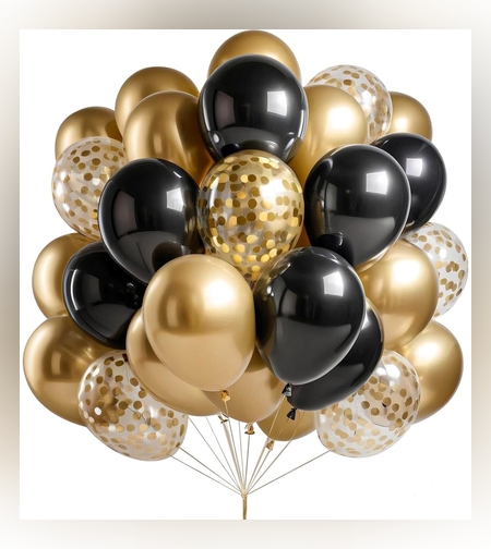 Set 16 Baloane din Latex, Flippy, Model Party, 30 cm, Auriu, Negru, Confetti, 2.8 g