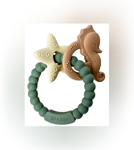 Jucarie Dentitie Bebelusi, Flippy, Tip Bratara, Model Calut si Stea de Mare, + 3 luni, din Silicon, fara BPA, 8.1 x 8.1 x 1.2 cm, Verde