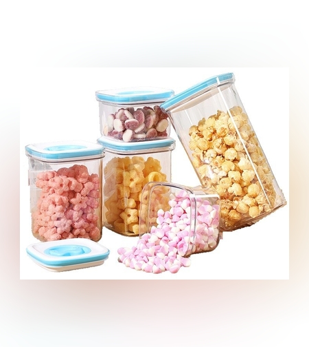 Set 5 Cutii de Depozitare pentru Bucatarie, Flippy, 2 x 600ml, 2 x 1.3L, 1 x 2L, din ABS+PET+Silicon, Capac Alb/Albastru, 23 x 10 x 10 cm, Transparent