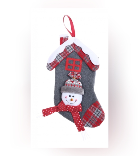 Ciorap Cadouri, model casa, culoare gri, imprimeu om de zapada, marimea 15x30 cm, Flippy