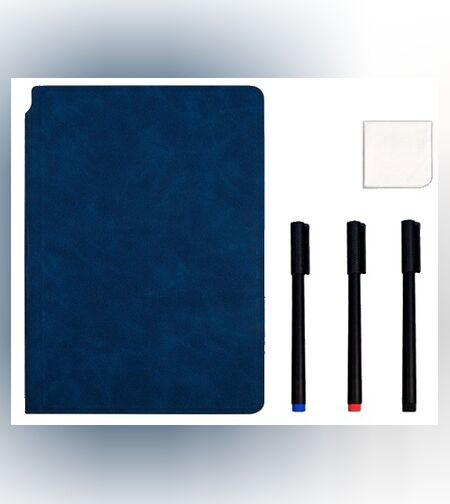 Set Agenda A5 Reutilizabila cu Pagini Tip Tabla, Agenda Pagini Albe cu Stergere Uscata, 3 Markere, 1 Burete și 1 Laveta de sters, Portabila, 24 x 16.5 cm, Coperta Piele, Albastru