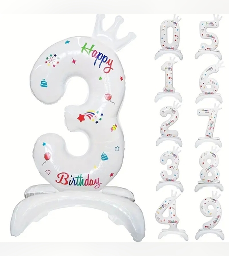 Balon din Folie Metalizata, Flippy, Figurina Cifra, Model 3 cu Happy Birthday Scris, Tema Aniversare 81 cm, Ambalaj Individual, Pai Inclus, Umflare cu Aer sau Heliu, Alb