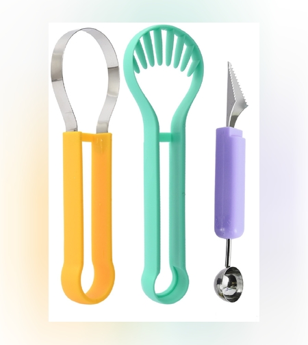 Ustensila bucatarie 4 in 1 pentru taiat si decorat fructe Flippy, material inox si plastic, compact, 28x6.2 cm, multicolor