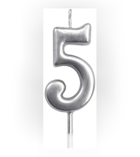 Lumanare de Tort, Flippy, Model Cifra 5, Party, 4.5 x 2.5 cm, din Parafina, Argintiu