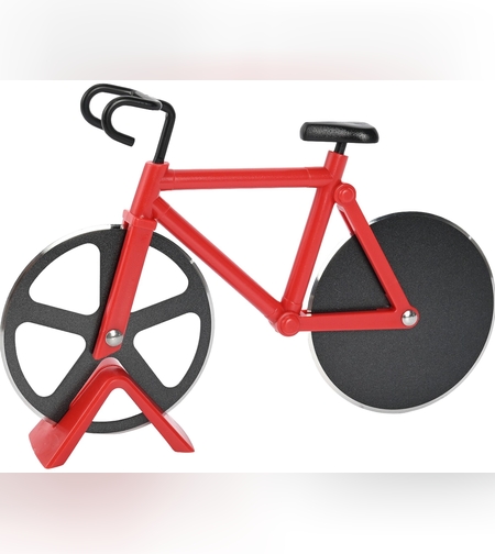 Cutit pizza creativ Flippy, in forma de bicicleta, cu suport pentru cutit, 19 x 12.5 cm, otel/PP, negru