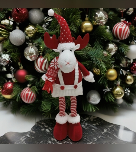 Figurina Decorativa, Pentru Craciun, Flippy, Ren, Picioare Telescopice, Inaltime Reglabila 44-54cm, Caciula cu Inimioare, Alb/Rosu