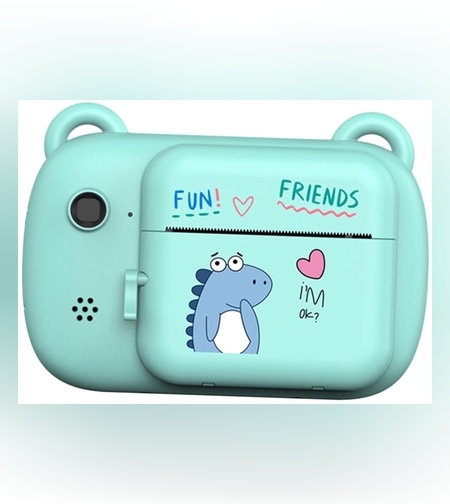 Camera Instantanee pentru Copii, Flippy, Camera Frontala + Selfie, cu Functie de Printare, Cablu USB-C, Bluetooth, Compatibil iOS/Android, Imprimare APP, Model Dino Love, Albastru