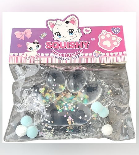 Jucarie Antistres Squishy, Flippy, cu Revenire Lenta, Model Labuta de Pisica Pufoasa, 12.5x10.5 cm, 220g, Squeeze Pinch Family, Albastru Transparent