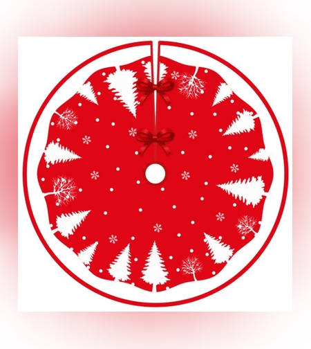 Covoras pentru Bradul de Craciun, Flippy, din Tesatura Pufoasa, cu Fundite de Prindere, Model Brazi, Rosu/Alb, Diametru 90 cm