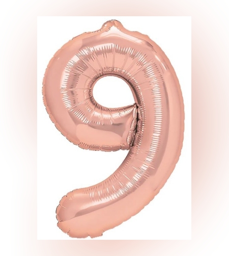 Balon din Folie Metalizata Flippy, Figurina Cifra, Tema Aniversare 80 cm, Ambalaj Individual, Pai inclus, Umflare cu Aer sau Heliu, Rose Gold, Cifra 9