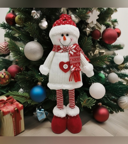 Figurina Decorativa, Pentru Craciun, Flippy, Om de Zapada, Picioare Telescopice, Inaltime Reglabila 44-54cm, Caciula cu Inimioare, Alb/Rosu