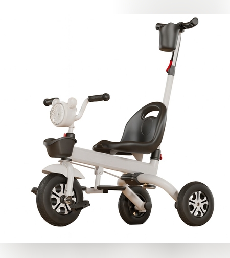 Tricicleta multifunctionala pentru Copii, Flippy, Pliabila de Tip Impingere, Scaun cu Functie Sezut si Culcat, Ghidon cu Cos Lumini si Muzica, Suport Pahar, 80 x 60 x 53 cm, Alb Negru