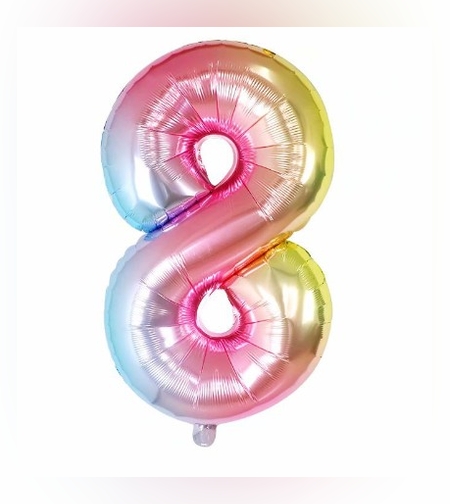 Balon din Folie Metalizata Flippy, Figurina Cifra, Tema Aniversare 40 cm, Ambalaj Individual, Pai inclus, Umflare cu Aer sau Heliu, Multicolor, Cifra 8