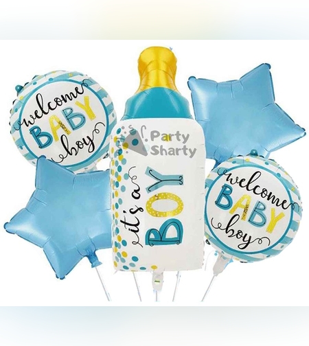 Baloane decorative GENDER REVEAL PARTY, Flippy, Figurina Sticla, Model IT'S A BOY, Set din 5 baloane, 40 x 77 cm, pentru Botez, Albastru