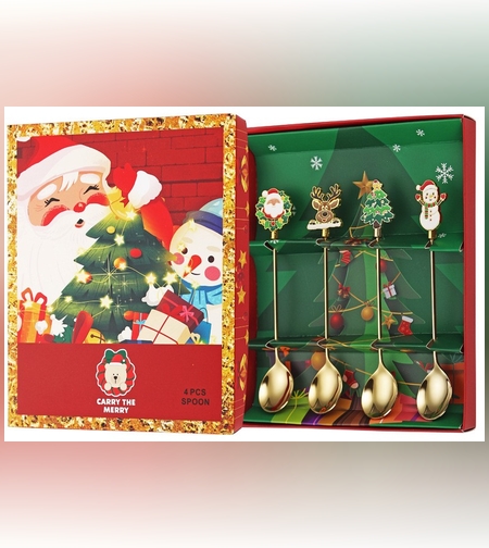 Set 4 Lingurite, Flippy, Tema Craciun, Model Carry The Merry, 4 Modele, din Otel Inoxidabil, 19.5 x 16 x 2 cm, Multicolor