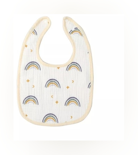 Baveta in Forma de U, Flippy, din Bumbac, pentru Copii 0-12 Luni, Rezistenta la Apa, cu Capse, Model Curcubeu, 21x30 cm, Bej