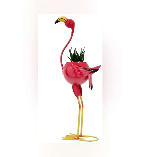 Decoratiune pentru Gradina, Flippy, Flamingo pentru Gradina cu Suport pentru Plante Flori, Ornament de Ghiveci de Flori, Model Flamingo, din Fier, 73 x 34 x 22 cm, Roz