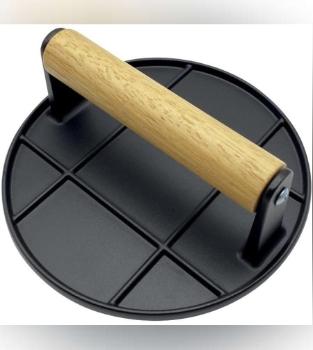 Presa Manuala pentru Carne, Flippy, din Aliaj de Aluminiu, Maner din Lemn, Presa pentru Burgeri, Usor de Curatat si Folosit, Rotunda, 16x16x6 cm, Neagra