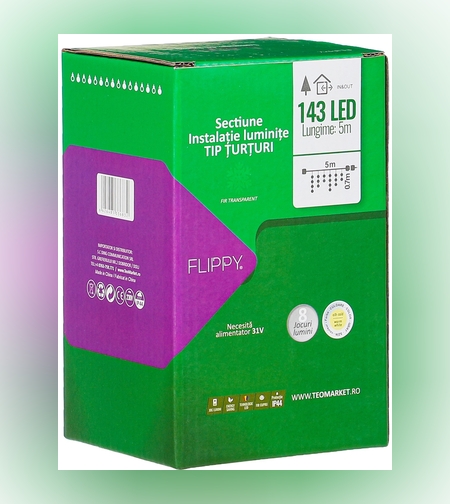 Sectiune Instalatie de Craciun, Flippy®, Tip Turturi, Fara Alimentator, 5m, 143 LED-uri, 8 Jocuri de Lumini, Fir Transparent, Lumina Alb Cald, IP44, Interconectabila