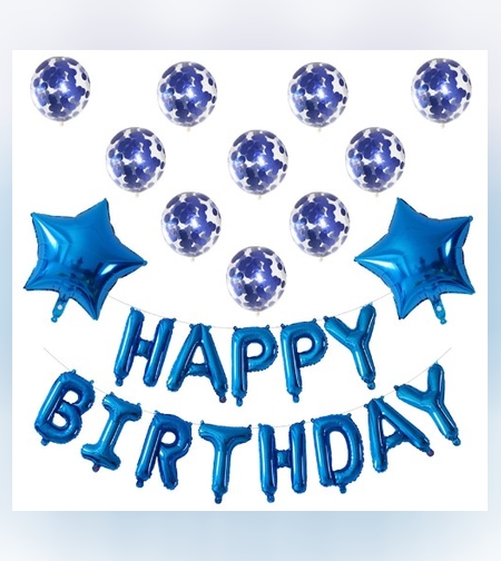 Set 12 Baloane si 1, Set pentru Aniversare, mesaj Happy Birthday, din folie de aluminiu, 30 -45 cm, Cu paiete, latex si folie, Albastru