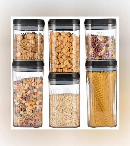 Cutii de Depozitare Alimente, Flippy, Set din 6 Cutii de tip Container, Recipiente pentru Cereale in Bucatarie,  Transparente cu Capac Negru