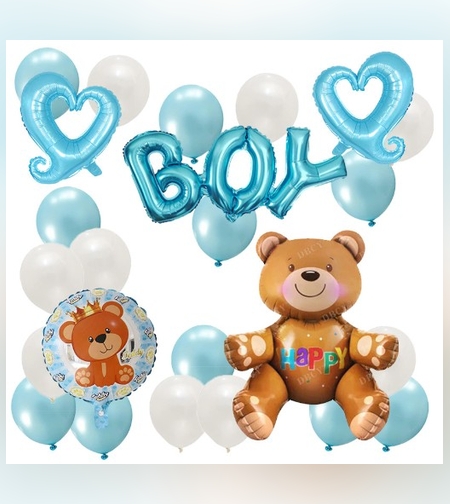 Set 25 Baloane, Flippy, din Latex si Folie de Aluminiu, Model Ursulet/Boy, Diferite Marimi, Albastru