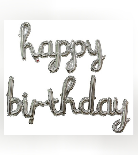 Set 10 Baloane din Folie Metalizata, Flippy, Figurine Litere, Model Scris de Mana Happy Birthday, Tema Aniversare, 40 cm, Ambalaj Individual, Pai Inclus, Umflare cu Aer sau Heliu, Argintiu