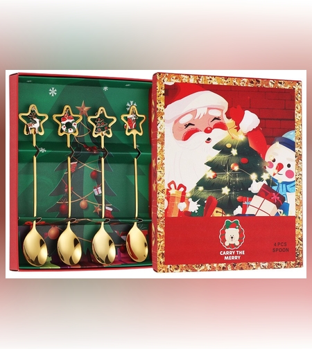 Set 4 Lingurite, Flippy, Tema Craciun, Model Carry The Merry, 4 Modele Tip Pandantiv cu Steluta, din Otel Inoxidabil, 19 x 16 x 2 cm, Multicolor
