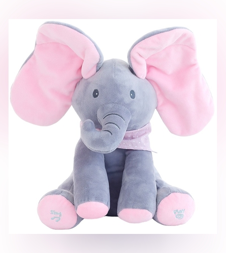 Jucarie Interactiva pentru Copii, Flippy, Elefantel Peek-a-boo, Muzica, Misca Urechile, Alimentare cu Baterii, 30 cm, Roz-Gri