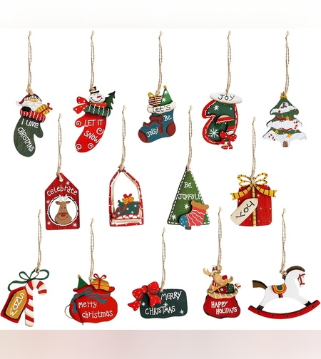 Set 14 Decoratiuni de Craciun, Flippy, pentru Brad, 5 - 9.5 cm, din Lemn, Multicolor