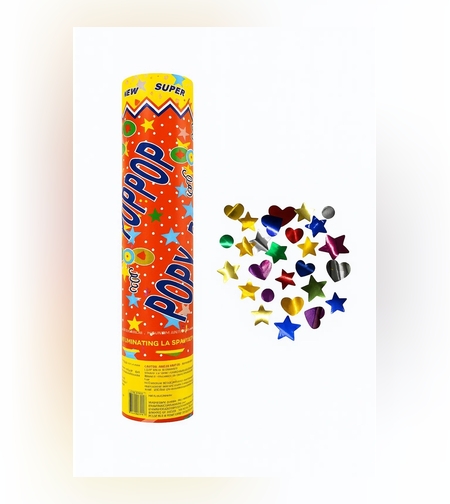 Tun de Confetti, Flippy, Party Popper 40 cm, Model Stelute, Inimioare, Paiete Lucioase, 3 cm Diametru, Multicolor