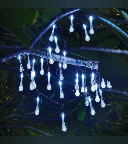 Instalatie Craciun, Solare Tip Picaturi, 50 Led-uri, 9.5 metri, Alb rece, Senzor de lumina, Flippy
