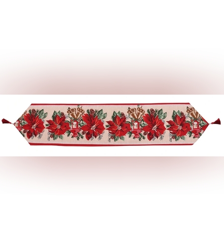 Traversa de Masa pentru Craciun, Flippy, Napron, din Material Tricotat cu Tesatura Groasa, Model Flori Rosii, cu Colt si Ciucure, 173x34x0.2 cm, Alb/ Rosu