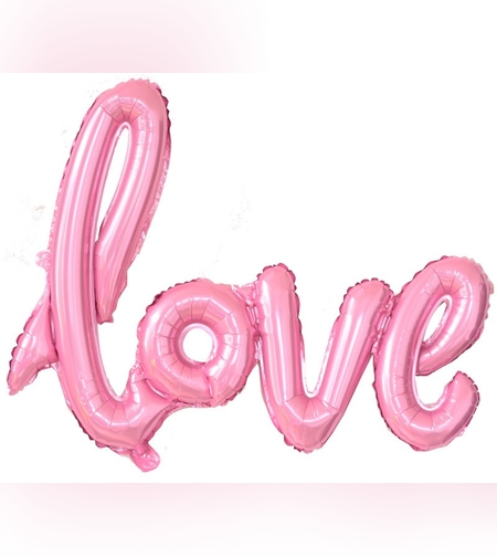 Balon din Folie Metalizata, Flippy, Model Love scris de mana, 102x65 cm, Tematica Ziua Îndrăgostiților, Ambalaj Individual, Pai Inclus, Umflare cu Aer sau Heliu, Roz
