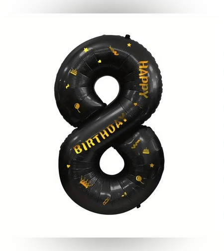 Balon din Folie Metalizata Flippy, Figurina Cifra, Scris Happy Birthday, Tema Aniversare 100 cm, Ambalaj Individual, Pai inclus, Umflare cu Aer sau Heliu, Negru, Cifra 8