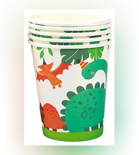 Set 10 Pahare de Carton Happy Birthday, Flippy, Model Dinozauri, Tematica Aniversare, 7.5x8.5 cm, 200 mL, Multicolor