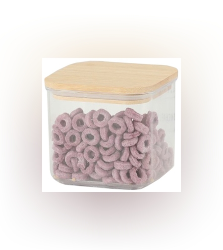 Cutie de Depozitare Alimente, Flippy, Cutie de tip Container, Cutie pentru Cereale, din Plastic, Capac din Bambuc, 10 x 10 x 8 cm, Volum 0.5 L, Transparenta