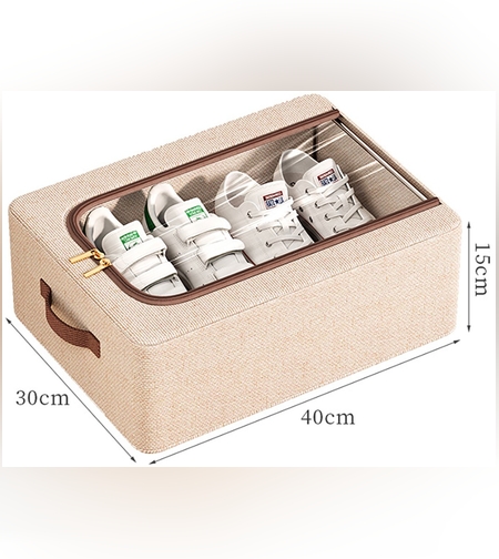 Cutie Depozitare cu Cadru Metalic, Flippy, pentru Incaltaminte, Haine, Lingerie, Fermoar Calitativ, Fereastra Transparenta, Manere Laterale, 40 x 30 x 15 cm Bej