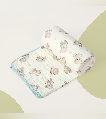 Prosop de baie din bumbac si tifon pentru Bebelusi, Flippy, cu Sase Straturi, pentru Copii, 110x110 cm, Model Ursuleti, Bej Albastru