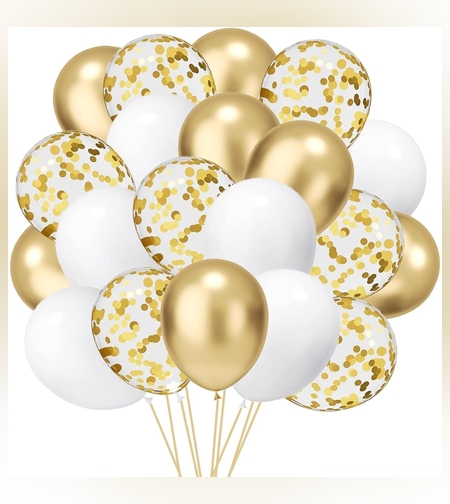 Set 16 Baloane din Latex, Flippy, Model Party, 30 cm, Alb, Auriu, Transparent Confetti, 2.8 g