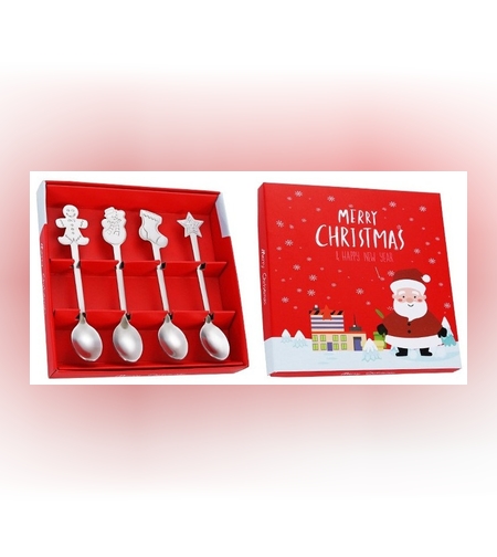 Set 4 Lingurite, Flippy, Tema Craciun, din Otel Inoxidabil, 4 Modele Festive, Cutie Cadou, 14 x 14 x 2.5 cm, Argintiu